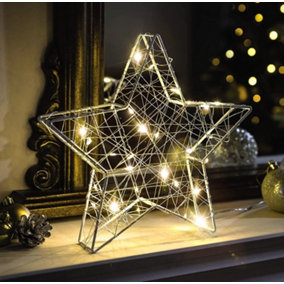 Star Shaped LED Light - Battery Powered 3D Star Ornament Decoration with 30 Warm White LED Lights - Measures 24 x 24 x 4cm
