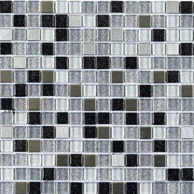 Stardust Chrome/Black/White Glass/Metal Mix Mosaic 15x15mm