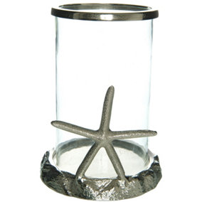 Starfish Candle Hurricane Lantern - Glass/Metal - L26 x W26 x H33 cm - Silver