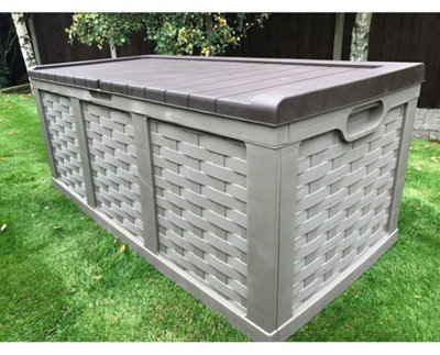 Starplast Outdoor Rattan Style Plastic Sit on Lid Piston Lift Storage Box XXL, Mocha, 634L