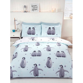 Starry Penguins Double Duvet Cover Set - Ice Blue