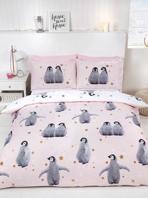 Starry Penguins Double Duvet Cover Set - Pink