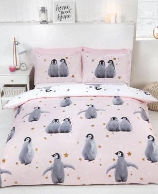 Starry Penguins Pink Xmas Duvet Cover Set Christmas Bedding