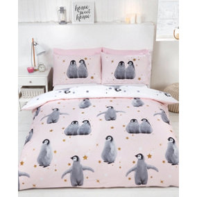 Starry Penguins Pink Xmas Duvet Cover Set Christmas Bedding