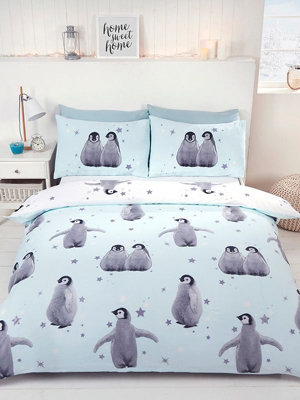 Starry Penguins Single Duvet Cover Set - Ice Blue