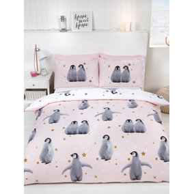 Starry Penguins Single Duvet Cover Set - Pink