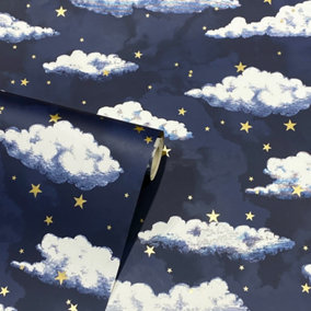 Stars And Clouds Navy Wallpaper