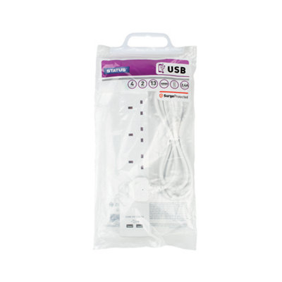 Status 4 Way Extension Socket with 2 USB Ports - 2 Meter Power Strip in White