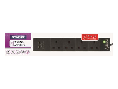 STATUS Extension Lead 240V 4-Gang + 2 USB 13A 2m Black SIN4S2MBUSB2