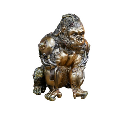 Gorilla Steampunk Ornamento In Resina Oro | Statua Decorativa 28 Cm | Dettaglio Meccanico Vintage