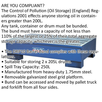 Steel Barrel Bund - 1340 x 800 x 335mm - Suitable for Storing 2 x 205L Drums