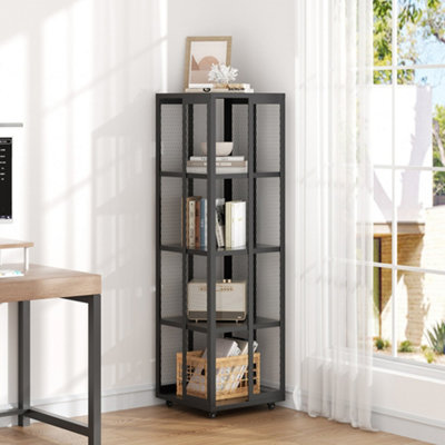 Steel Bookshelf Rack Black 4-Tier Bookcase Freestanding Storage Rack with Wheels