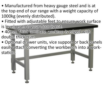 Steel Industrial Workbench - 1500mm x 750mm Laminate Worktop - Adjustable Feet