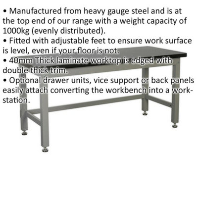Steel Industrial Workbench - 1800mm x 750mm Laminate Worktop - Adjustable Feet