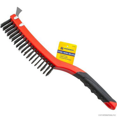 Steel Wire Brush With Scraper Soft Grip Long Handle Hand Tool Cleaning 3 Rows