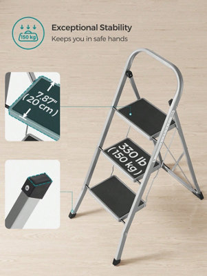 Step Ladder, 3-Step Ladder, Folding Ladder, Safety Lock, Space-Saving ...