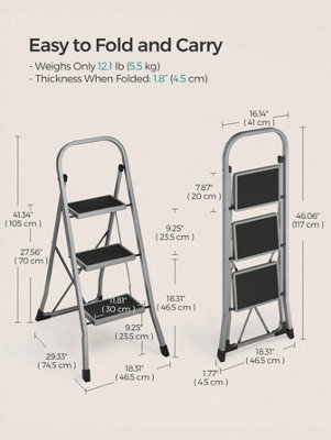 Step Ladder, 3-Step Ladder, Folding Ladder, Safety Lock, Space-Saving ...