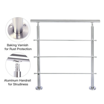 Step Railing Stair Railing Banister Stainless Steel Handrail with 3 Cross Bars for Indoor Outdoor W 150 cm