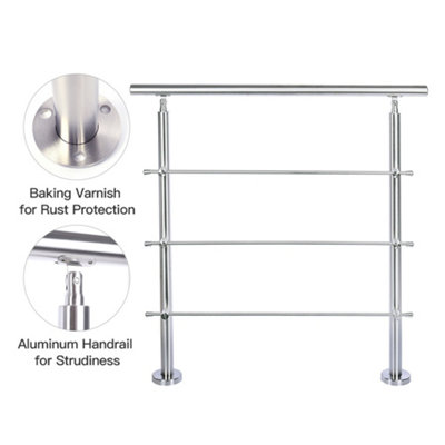 Step Railing Stair Railing Banister Stainless Steel Handrail with 3 Cross Bars for Indoor Outdoor W 180 cm - 4