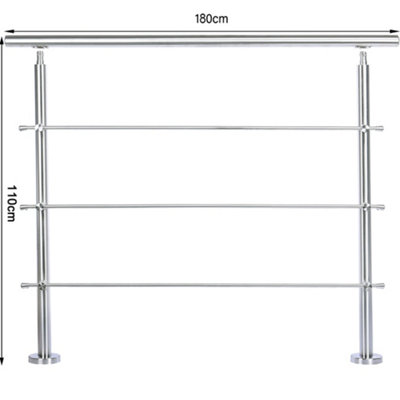 Step Railing Stair Railing Banister Stainless Steel Handrail with 3 Cross Bars for Indoor Outdoor W 180 cm - 6