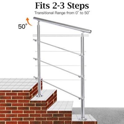 Step Railing Stair Railing Banister Stainless Steel Handrail with 3 Cross Bars for Indoor Outdoor W 60 cm - 3