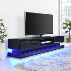 Step TV Stand With Storage for Living Room and Bedroom, 1800 Wide, LED Lighting, Media Storage, Black High Gloss Finish