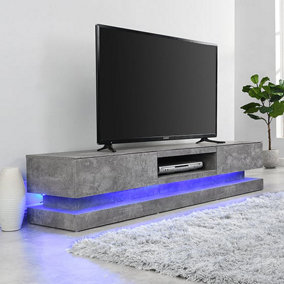 Step TV Stand With Storage for Living Room and Bedroom, 1800 Wide, LED Lighting, Media Storage, Concrete Effect Finish