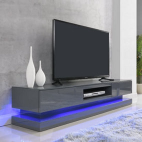 Step TV Stand With Storage for Living Room and Bedroom, 1800 Wide, LED Lighting, Media Storage, Grey High Gloss Finish