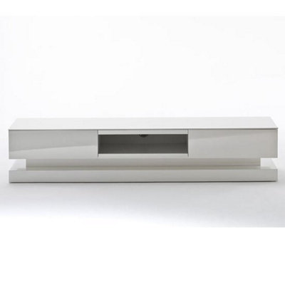 Step TV Stand With Storage for Living Room and Bedroom, 1800 Wide, LED Lighting, Media Storage, White High Gloss Finish