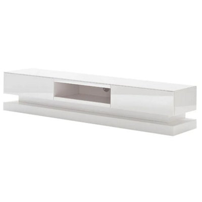 Step TV Stand With Storage for Living Room and Bedroom, 1800 Wide, LED Lighting, Media Storage, White High Gloss Finish