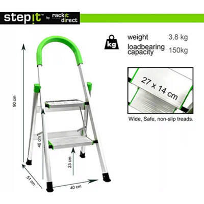 StepIt 2 Step Ladder - Portable Folding Aluminium with Deep Steps, Soft Grip, Rubber Hand Grip, 150kg Capacity, 2 Year Warranty