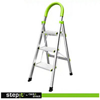 StepIt 3 Step Ladder Portable Folding Aluminium Deep Steps 3 Year Warranty Anti-Slip Soft Grip 150kg Capacity Small Ladder