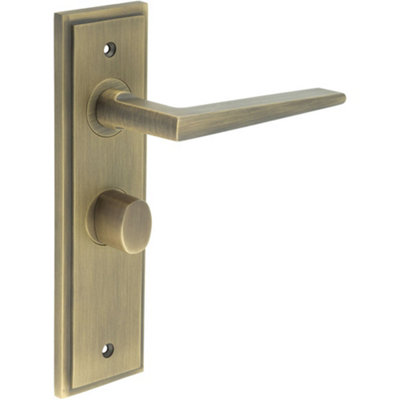 Stepped Antique Brass Bathroom Door Handle with Backplate and Turn Release - Solid Brass Interior Handle