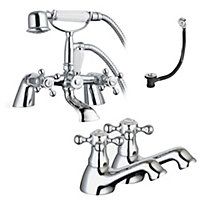 Sterling Traditional Bath Shower Mixer & Basin Tap Pack Hot & Cold Pair Inc. Bath Waste - Chrome