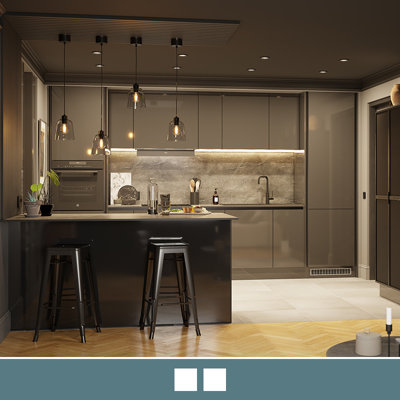 Explore the Stevia handleless gloss anthracite kitchen, featuring high shine slab doors for easy cleaning.