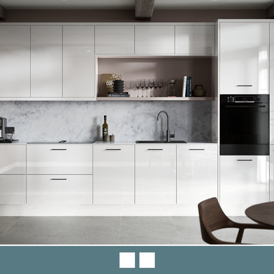 Explore the Stevia gloss light grey kitchen, featuring high shine slab doors for easy cleaning.