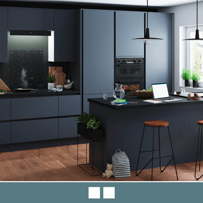 Explore the Stevia handleless matt blue kitchen, featuring a sleek look and available in 6 contemporary colours.