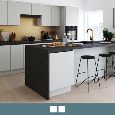 Explore the Stevia handleless matt pewter slab kitchen, featuring a sleek look and available in 6 contemporary colours.