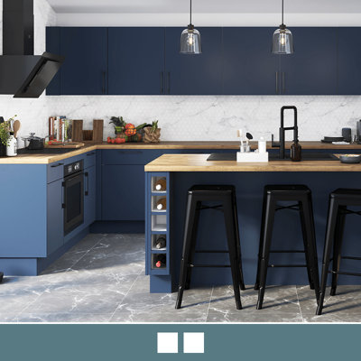 Explore the Stevia matt blue slab kitchen, featuring smooth slab doors for easy cleaning and available in 6 contemporary colours.