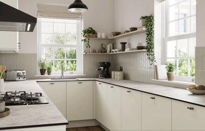 Explore the Stevia matt sandstone slab kitchen, featuring smooth slab doors.