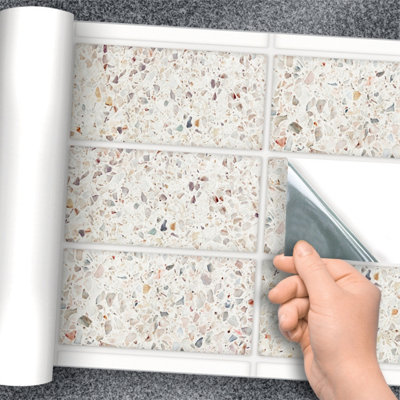 Stick and Go 9 Tile Stickers : Terrazzo Stone - To stick over 20cm x 10cm (8x4) tiles Peel off the StickerRoll - apply on tiles - 3