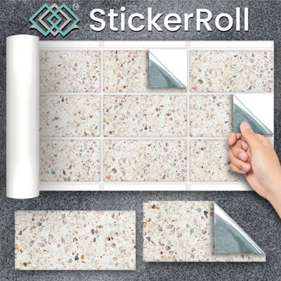 Stick and Go 9 Tile Stickers : Terrazzo Stone - To stick over 20cm x 10cm (8x4) tiles Peel off the StickerRoll - apply on tiles - 4
