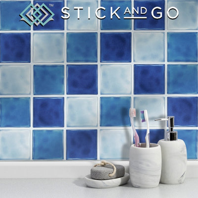 Stick and Go Self Adhesive Stick On Tiles Blue Mix 4" x 4" Box of 18 Apply over any tile