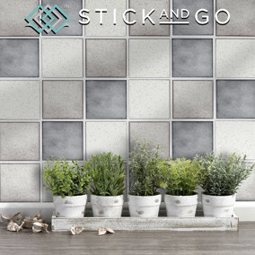 Stick and Go Self Adhesive Stick On Tiles Grey Speckle Mix 4" x 4" Box of 18 Apply over any tile, or directly on to the wall