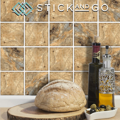 Stick and Go Self Adhesive Stick On Tiles Mocha Slate 4" x 4" Box of 18 Apply over any tile, or directly on to the wall