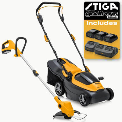 Stiga Collector 136e Battery Lawnmower 34cm & GT100e Battery Strimmer Kit
