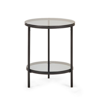 Stirling Circular Lamp Table With Shelf in Smoked Glass and Black