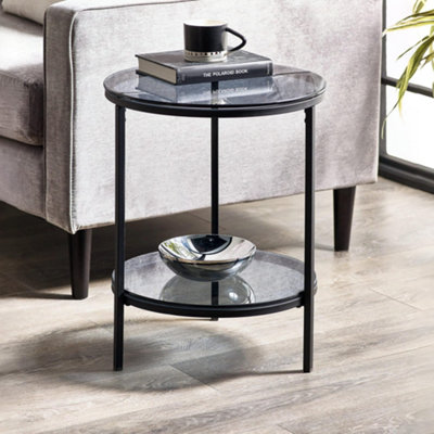 Stirling Circular Lamp Table With Shelf in Smoked Glass and Black