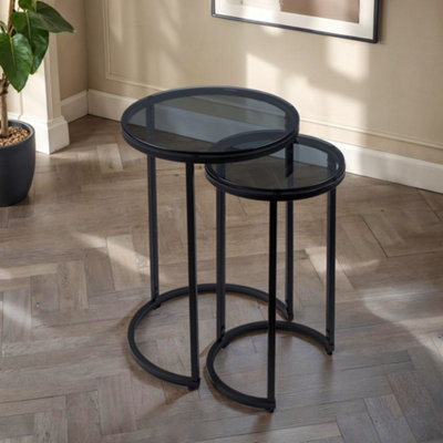 Stirling Round Nesting Side Tables in Smoked Glass and Black