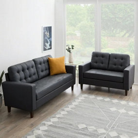 Stockholm 3+2 Seater Sofa Set, Button Tufted Black Premium Leather